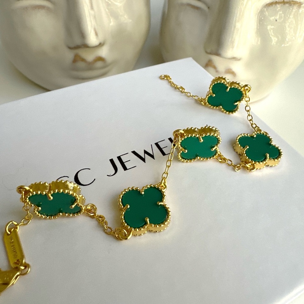 Last 3 🔥 Green Onyx Stone & Gold Clover Bracelet Double Sided Luxury Jewelry - Picture 6 of 10